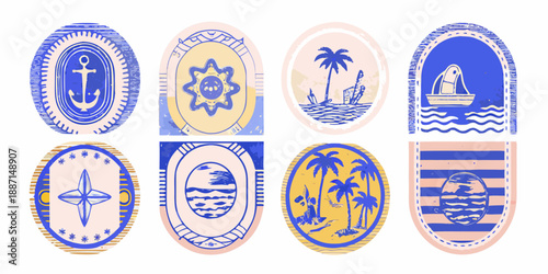 Collection of vintage nautical and coastal themed emblem designs in pastel colors