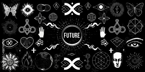 Intricate collection of mystical symbols eyes hands and the word future