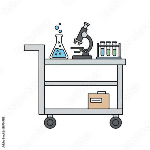 Medical lab equipment on a cart with microscope and test tubes