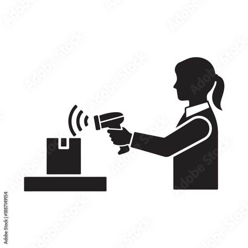 Woman scanning package in simple flat design with black silhouette and white background for logistics