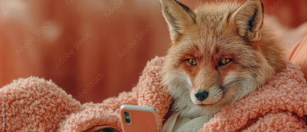 Fototapeta premium Cozy Fox Wrapped in Blanket Using Smartphone