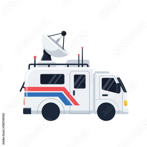 Television news broadcasting van with satellite dish on top