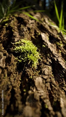 Dynamic Macro View Of Green Moss On Textured Tree Bark Capturing Nature's Detail