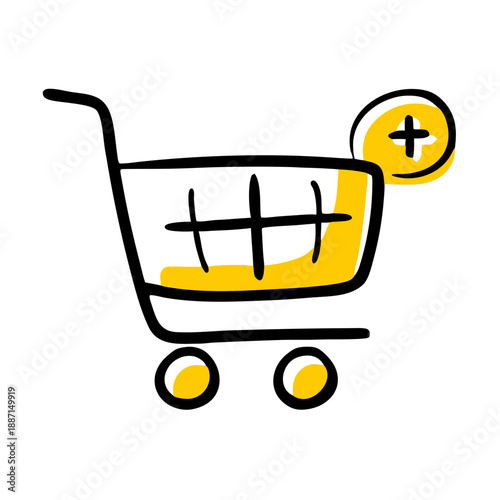 This is a hand-drawn doodle style shopping cart icon on a plain white background, outlined in bold black, with yellow fill on the cart body, wheels and a plus sign badge at the top right, representing
