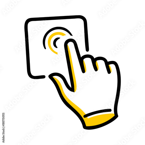 A minimalist hand-drawn icon of a hand with a pointing finger touching a square screen. Black outlines with yellow highlights represent a digital click, touch, or selection on a white background.