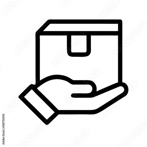 A minimalist black line icon, showing an open palm with a cuffed sleeve holding up a sealed cardboard parcel, presented on a plain white background.

