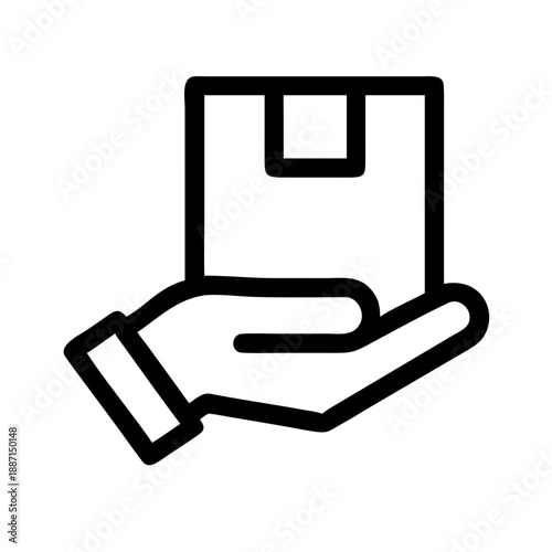 The flat UI icon with thin black lines on a white background features an open palm with shirt cuffs, supporting a cardboard box with a sealing mark on top. The design is simple and highly recognizable