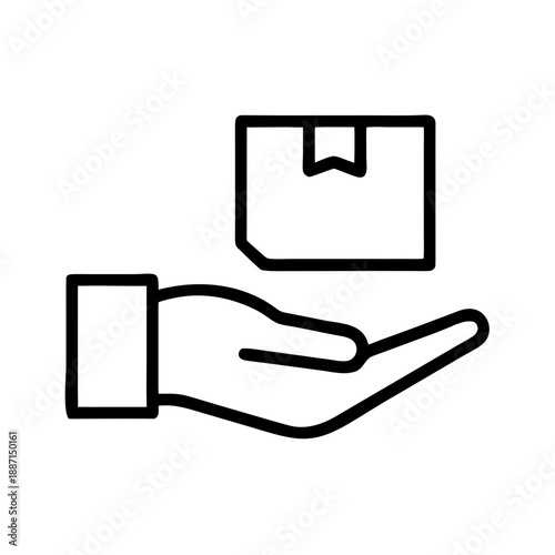 This is a minimalist black thin-line icon on a plain white background, showing an open palm holding out a sealed delivery parcel, representing logistics delivery and goods handover.

