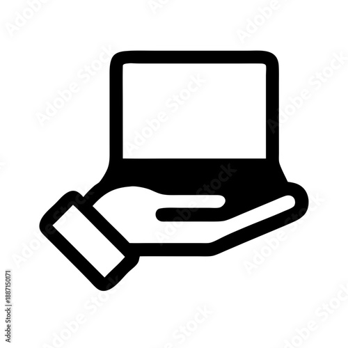 This is a minimalist black line icon, showing an open palm holding a simplified outlined laptop, set against a plain white background with no extra decorative details.


