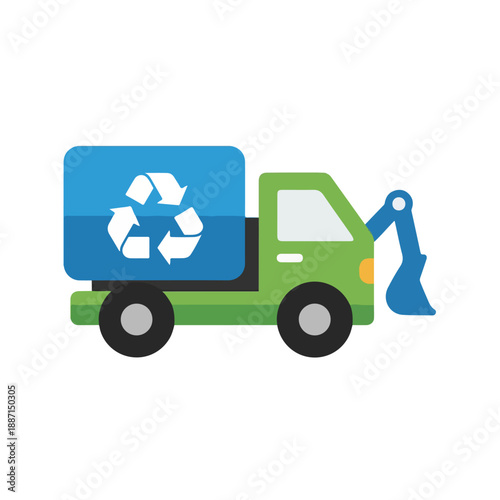 Green truck with recycling symbol on side for waste management