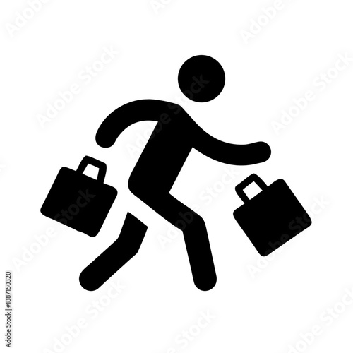 A black silhouette icon of a person running while carrying two shopping bags. Minimalist, flat vector design representing retail, haste, or delivery services on a white background.
