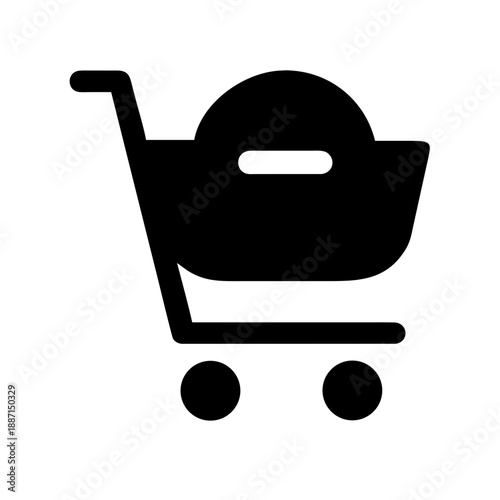 Flat vector icon of a shopping cart with a “-” sign, meaning removal of an item from the cart for e-commerce or retail websites dedicated to logistics and online sales.