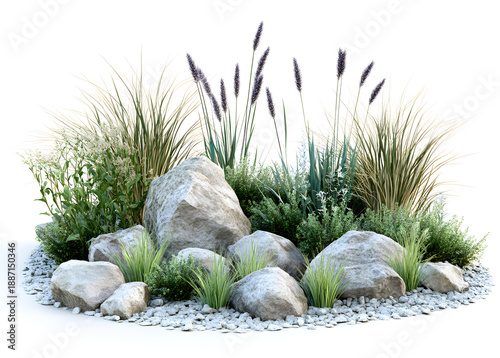 snail on the grass, modern garden rockery landscape with ornamental grasses