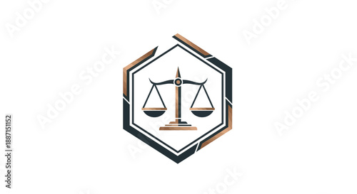 Elegant Legal Firm Logo Illustrating Balance, Justice, And Law Within Hexagonal Frame Design