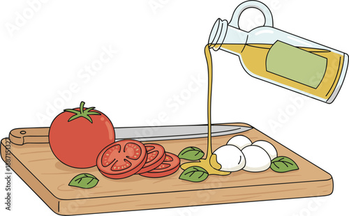 Hand-Drawn Olive Oil Pouring Over Fresh Tomato and Mozzarella on Wooden Board