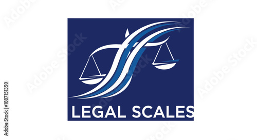 Elegant Legal Scales Logo with Swirling Graphic Elements on a Deep Blue Background