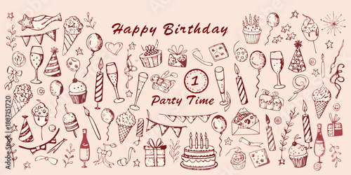 A charming doodle illustration of birthday elements and celebratory party time