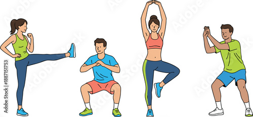 People Performing Fitness and Cardio Exercises Illustration Featuring Home Workout Routine