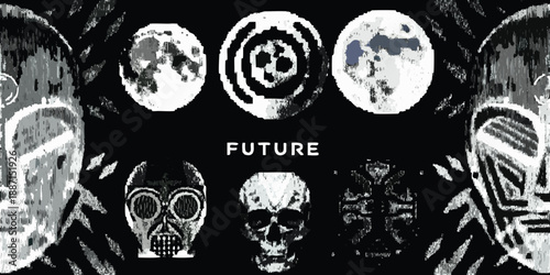 Abstract depiction of skulls and lunar phases with the word future