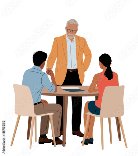 Flat modern illustration of three professionals in a business meeting around a table, clean minimalist style on transparent background.