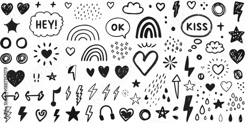A playful collection of hand drawn doodles hearts rainbows stars and positive messaging