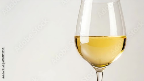 A glass of white wine placed on a table, ready for use or serving