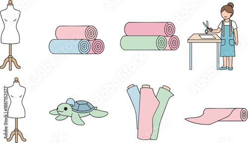 Tailoring and Fabric Illustration Set Featuring Dress Form, Textiles and Seamstress