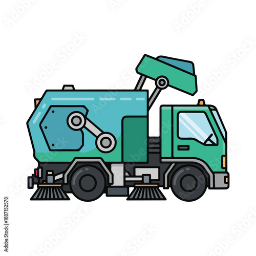 Green street sweeper truck with broom brushes