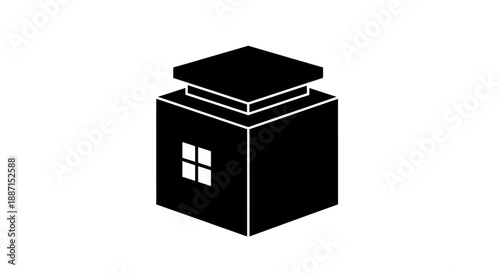 Cubic House Icon, Modern Modular Home Architecture, Isolated White Background