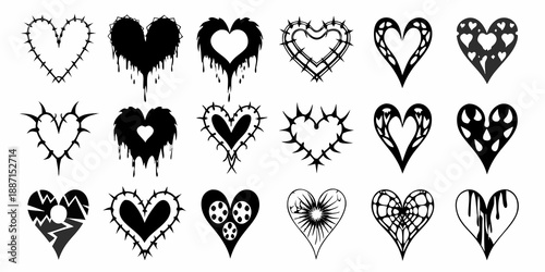 Collection of black heart illustrations with various designs and dripping effects