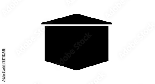 Black hexagonal house or property icon with pointed roof symbolizing real estate or secure storage isolated white background.