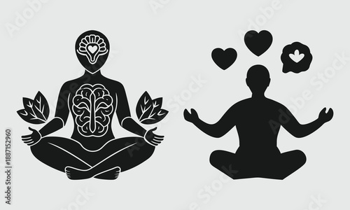 Mindfulness and mental health solid icon set. Vector glyphs for meditation, psychology, and well-being. Concepts of self-care, brain health, emotional harmony, and zen.