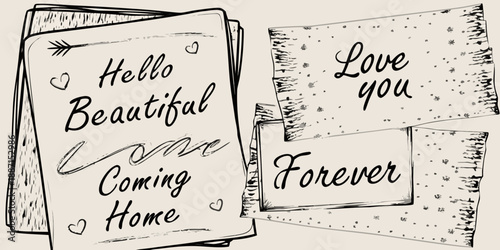 Sketch illustrations of handwritten notes with romantic phrases and decorative elements