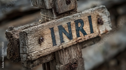 A close-up of a weathered wooden sign with the inscription INRI, symbolizing the crucifixion of Jesus Christ.