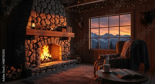 Cozy cabin interior features a roaring stone fireplace beside a window overlooking snowy mountain peaks at sunset