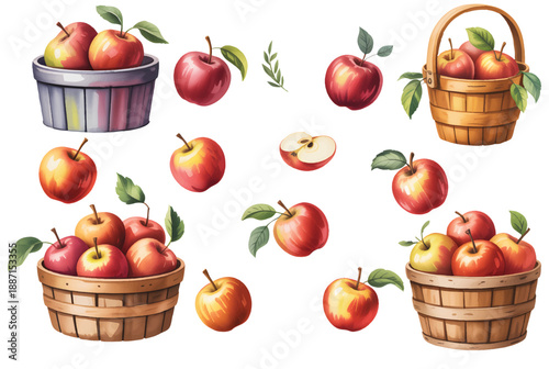 Autumn apple harvest scene with baskets and scattered fruits in gentle watercolor tones.