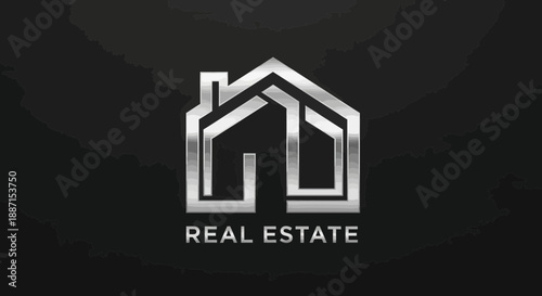 Elegant Silver Real Estate Logo On Black Background Demonstrating Modern Residential Housing