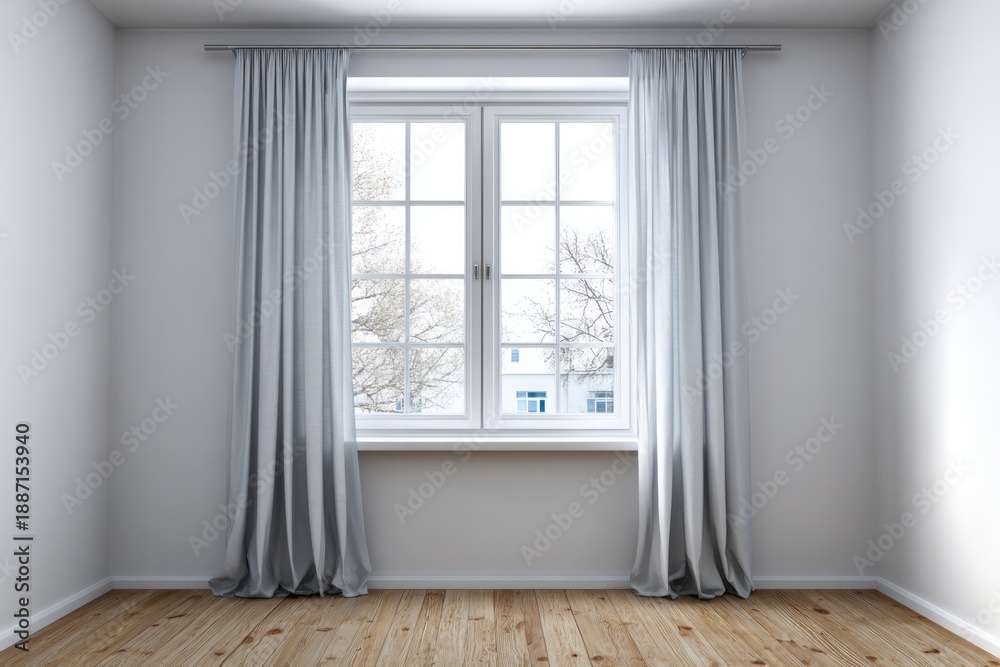 Fototapeta premium Empty room with a large window draped with light grey curtains.