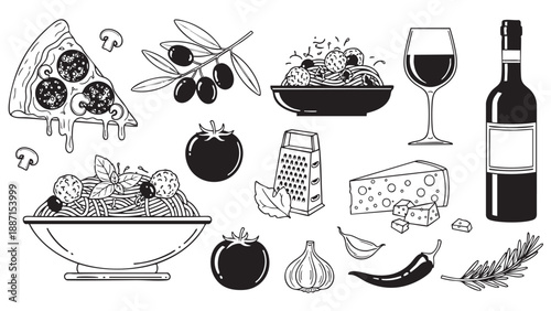 Hand drawn collection of food ingredients and kitchen utensils illustrations
