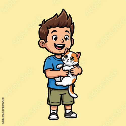 A young boy happily holding a white and orange cat in his arms