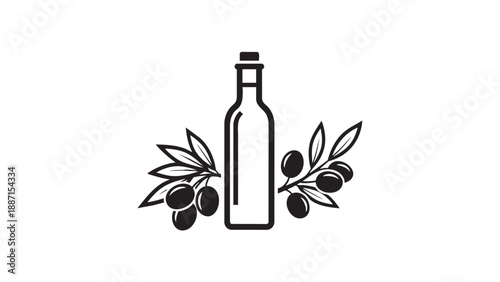 Hand drawn olive oil bottle with fresh olives illustration