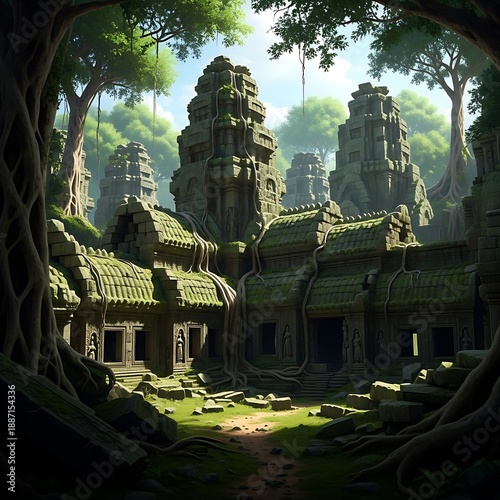 Ancient stone temple ruins overtaken by dense jungle vegetation under a bright sky
