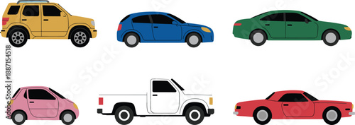 Car types vector set, colorful vehicle collection with suv, sedan, hatchback, pickup and sports car, transport illustration icons