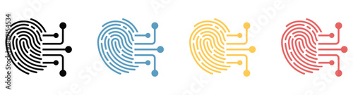 Multicolor fingerprint icons with circuit connections in black, blue, yellow, red