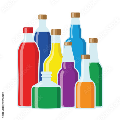 Collection of colorful liquid bottles with cork stoppers