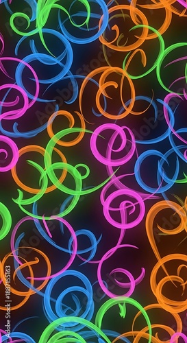 Fluorescent neon glowing swirls create a vibrant seamless pattern against a dark background