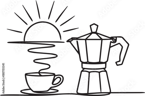 A morning coffee ritual with a cup and coffee maker on a table as the sun rises in the background