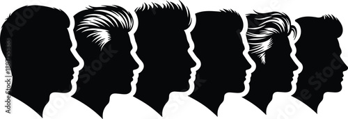 Collection of black vector silhouettes of male heads in profile with various hairstyles isolated on white background for barber shop and hair salon logo design.