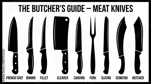 Butcher’s Knife Vector Guide – 9 Black Silhouette Icons of Meat Preparation Tools for Culinary, Butchery, and Kitchen Design Use