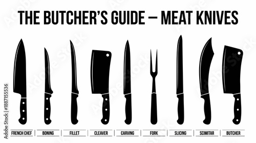 Butcher’s Knife Vector Guide – 9 Black Silhouette Icons of Meat Preparation Tools for Culinary, Butchery, and Kitchen Design Use